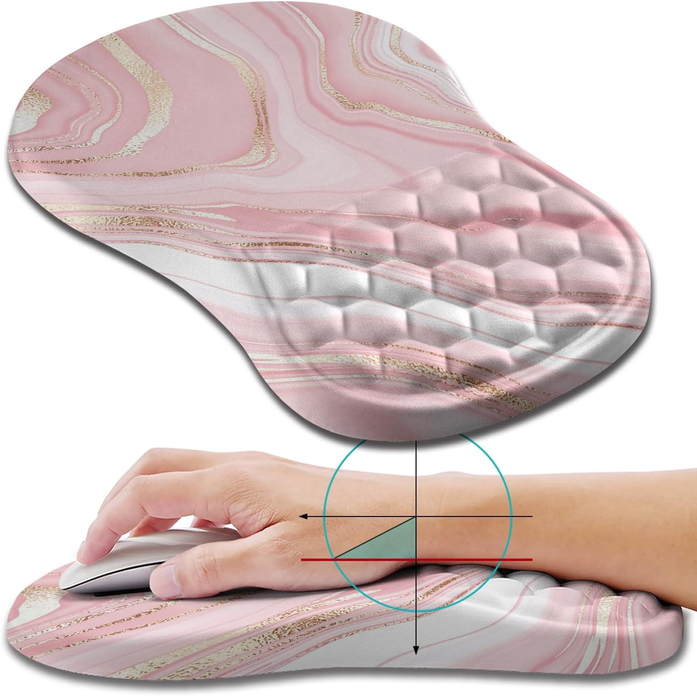 Ergonomic Mouse Pad Wrist Support, Wrist Rest Mousepad for Carpal Tunnel Pain Relief with Integrated Memory Foam Slope Massage Bulge (11.8x7.9 inch,Pink Fluid