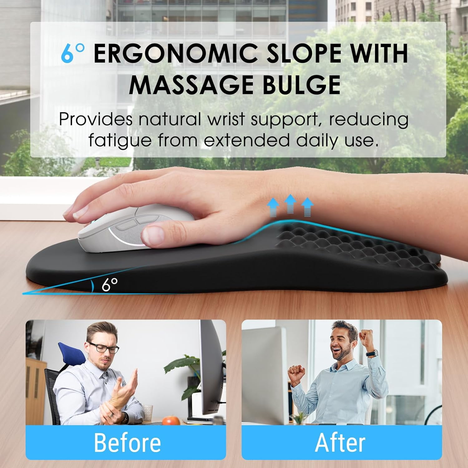Ergonomic Mouse Pad with Wrist Support, Wrist Rest Mousepads for Carpal Tunnel Pain Relief, Memory Foam Pad with Massage Bulge and Non-Slip Base for Office, Home, Black
