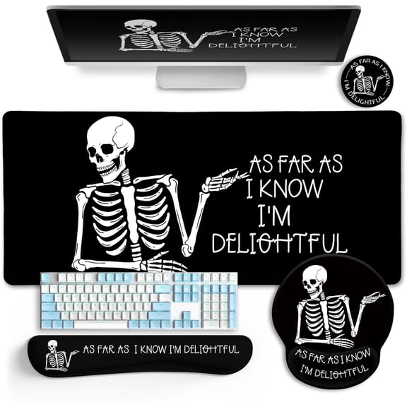 Ergonomic Mouse Pad with Wrist Rest Desk Mat Set, Skeleton Gaming Mouse Pads, Keyboard Mat Wrist Rest Cup Coaster, Funny Office Desk Accessories