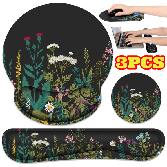 Ergonomic Mouse Pad with Wrist Rest and Keyboard Wrist Rest, Black Flower Memory Foam Mouse Pads for Gaming, Office, Laptop