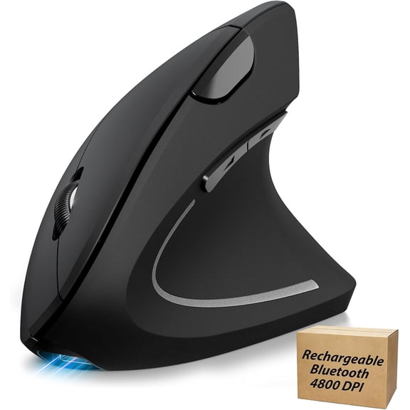 Ergonomic Mouse Rechargeable Bluetooth - 4800 DPI Vertical Mice 6 Adjustable Levels, Wireless Optical Carpal Tunnel Mouse Right Hand, Multi Device for Laptop, PC, Computer, MacBook - Black