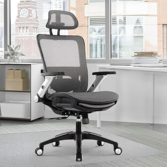 Ergonomic Office Chair with 4D Flip-up Arm, Mesh Chair with Adjustable Lumbar Support and Footrest,High Back Home Office Desk Chair,Computer Chair for Long Desk Work, Grey