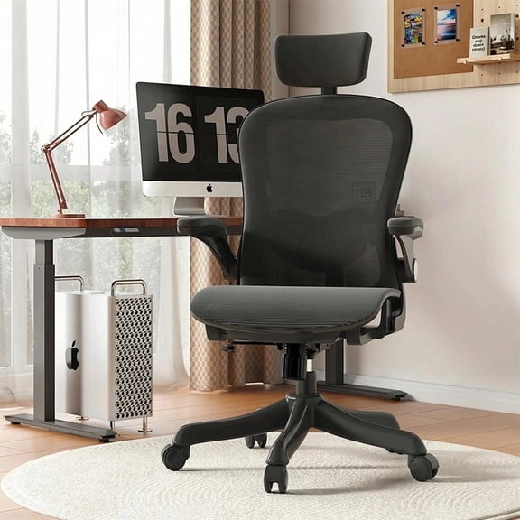 Ergonomic Office Chair With 90° Flip-Up Arms, Split Back Desk Chair With 4-Way Adjustable Lumbar Support, Space Saving Computer Chair For Home Office, High Back Mesh Chair With Quiet Wheels