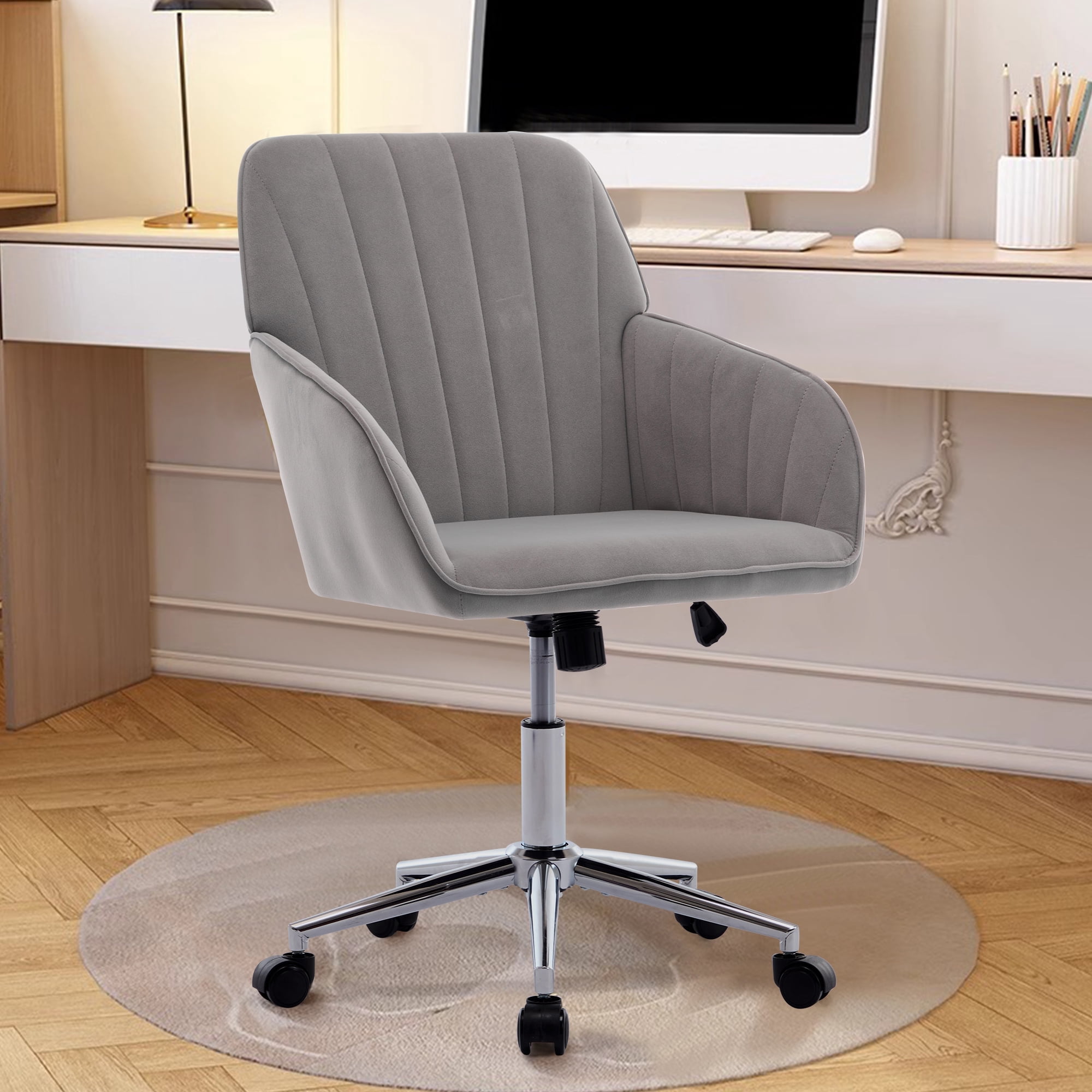 Ergonomic Office Chair with Adjustable Height，Velvet Swivel Desk Chair with Lumbar Support and Memory Foam Seat，Gray Home Office Chair for Long Sitting Comfort