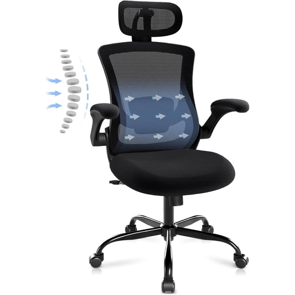 Ergonomic Office Chair with Adjustable Lumbar Support & Headrest High Back Mesh Desk Chair with Flip-Up Armrests, Swivel Rolling Computer Chair for Home Office, Breathable & BIFMA Certified, Black