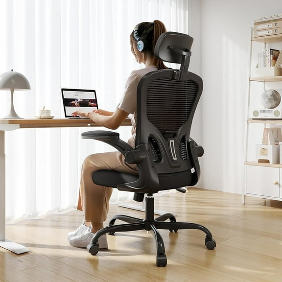 Ergonomic Office Chair Big and Tall, 350LBS Capacity, 6'5" Tall Max, Home High Back Desk Chair for Long Hours Comfortable, Adjustable Lumbar Support and Headrest, Flip-up Arm and PU Wheels, Black