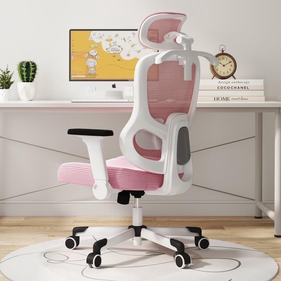 Frelaxbone Adult Mesh High Back Indoor Residential Adjustable Armrest Office Chairs, Caster,  Pink