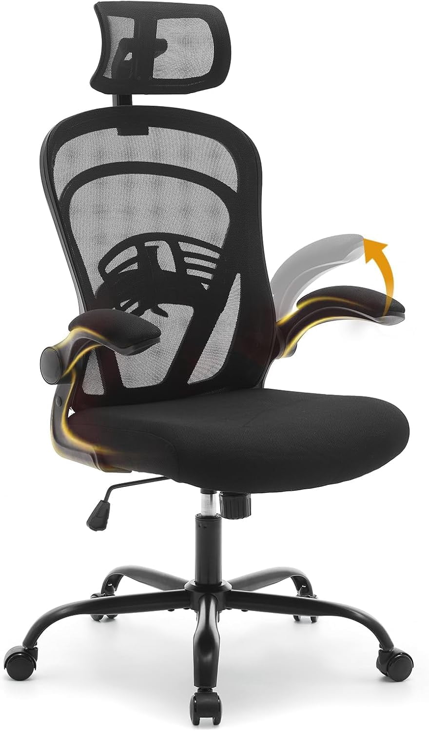 Ergonomic Office Chair, Computer Desk Chair Comfy with Flip-Up Armrests, High Back Mesh Desk Chair with Wheels,Comfortable Armchair for Home Office, Bedroom, Study,Black