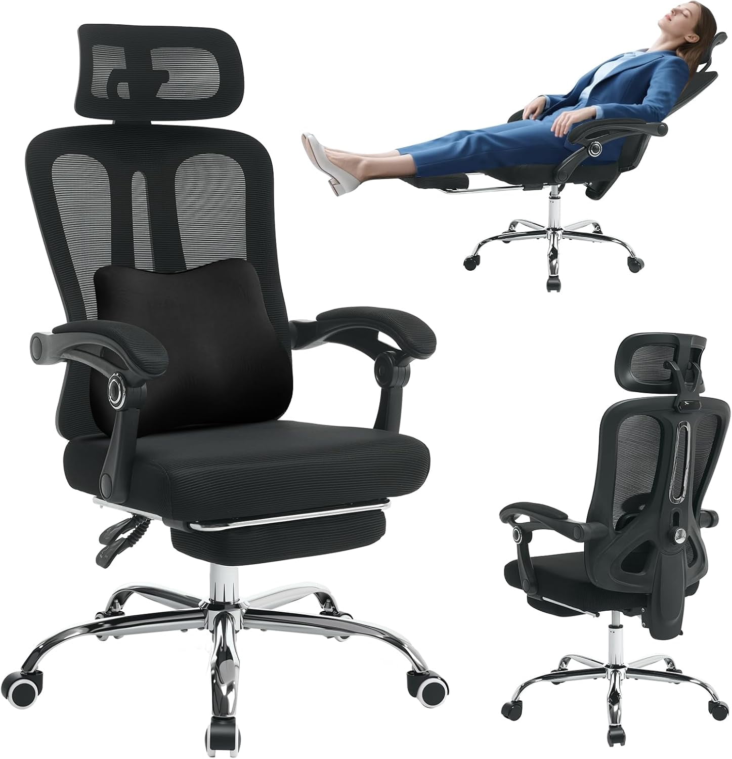 Ergonomic Office Chair with Footrest, High-Back Mesh Gaming Chair with Synchronized Reclining, 3D Adjustable Armrests & Lumbar Support, Swivel Computer Desk Chair for Home Office, Black