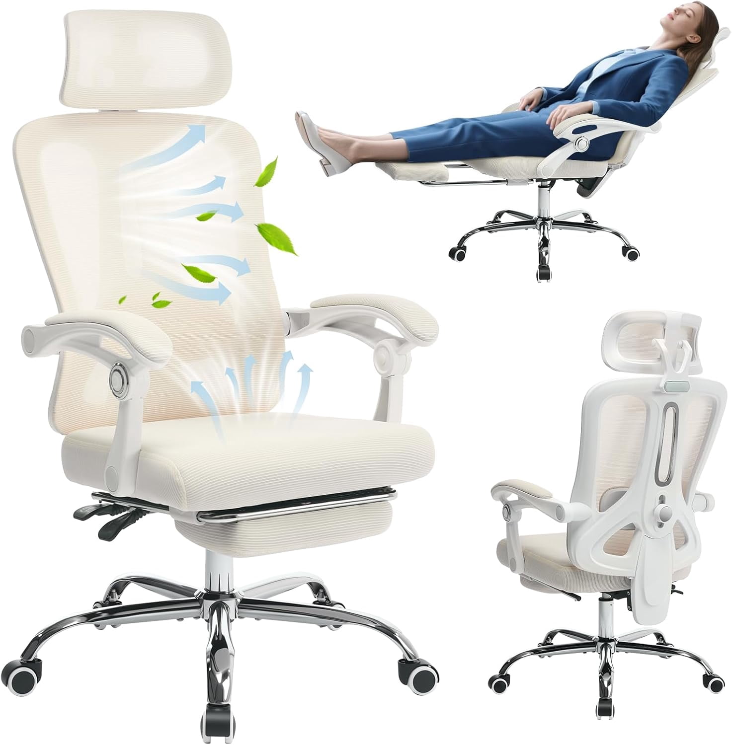 Ergonomic Office Chair with Footrest, High-Back Mesh Gaming Chair with Synchronized Reclining, 3D Adjustable Armrests & Lumbar Support, Swivel Computer Desk Chair for Home Office, Beige