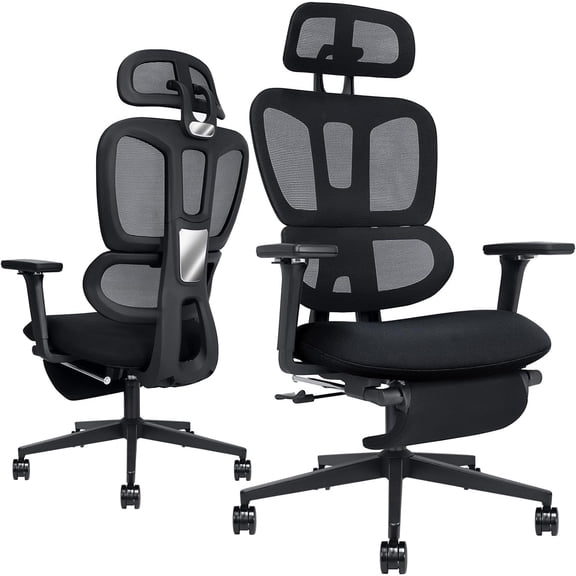 Ergonomic Office Chair with Footrest, High-back Computer Chair with Dynamic Lumbar Support, 2D Headrest & 4D Armrests, Sponge Cushion & Mesh Back, Home Office Chair for Adults, Black