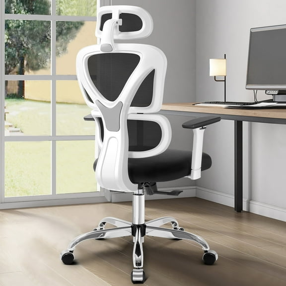 Ergonomic Office Chair, High Back Adjustable Computer Desk Chair with Lumbar Support, 300lb, White-B