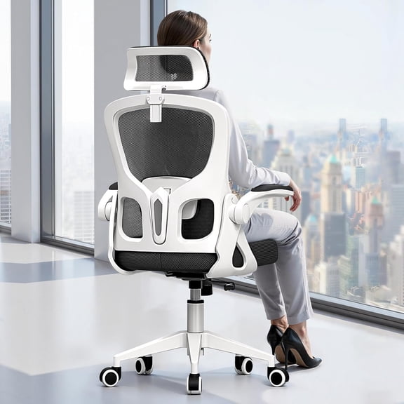Ergonomic Office Chair, High Back Desk Chair with Flip-up Arms, 300 LBS Mesh Computer Chair with Adjustable Headrest & Lumbar Support, Comfy Gaming Chair for Adults, Home Office Desk Chairs (White)