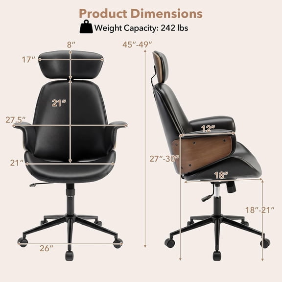 Ergonomic Office Chair High Back Faux Leather Executive with Headrest Adjustable Height Metal Base Mid Modern Swivel U-Shaped Computer Desk Chair for Home Office Study