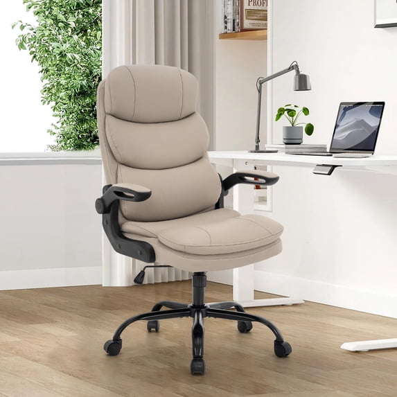 Ergonomic Office Chair High Back with Lumbar Support, PU Leather Desk Chair, Adjustable Height & Flip-Up Armrests, Swivel Rolling Wheels for Home Office, Computer Gaming Chair (White)