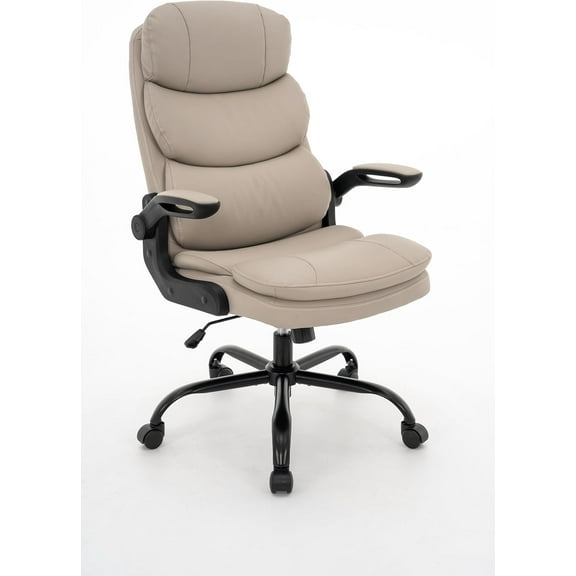 Ergonomic Office Chair High Back with Lumbar Support, PU Leather Executive Desk Chair, Adjustable Height & Flip-Up Armrests, Swivel Rolling Wheels for Home Office, Computer Gaming Chair (Beige)