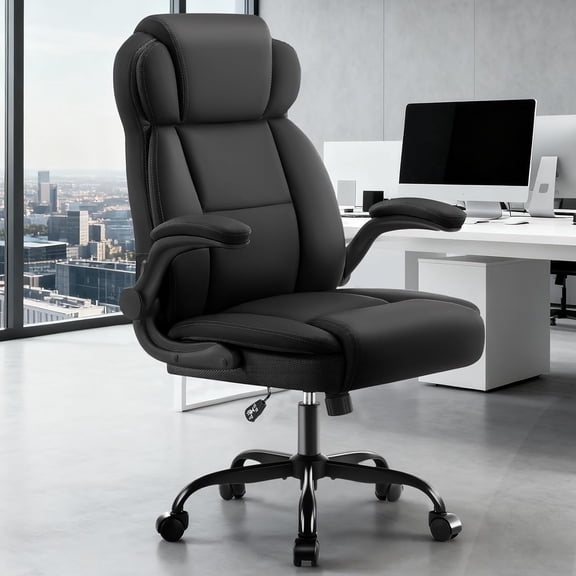 Ergonomic Office Chair High Back PU Leather Executive Desk Chair with Lumbar Support Flip-Up Armrests Swivel Computer Chair for Home Office Gaming Black