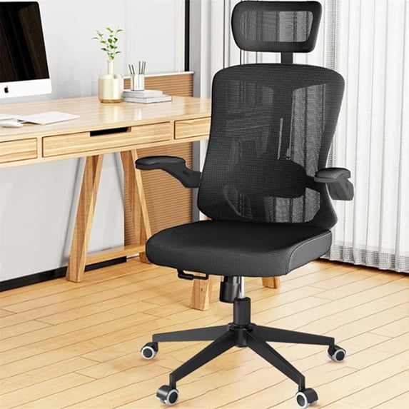 Ergonomic Office Chair, Home Office Desk Chair with Adjustable Headrest & Lumbar Support, Swivel High Back Computer Chair, Breathable Mesh Chair, PU Silent Wheels, Flip-Up Arms