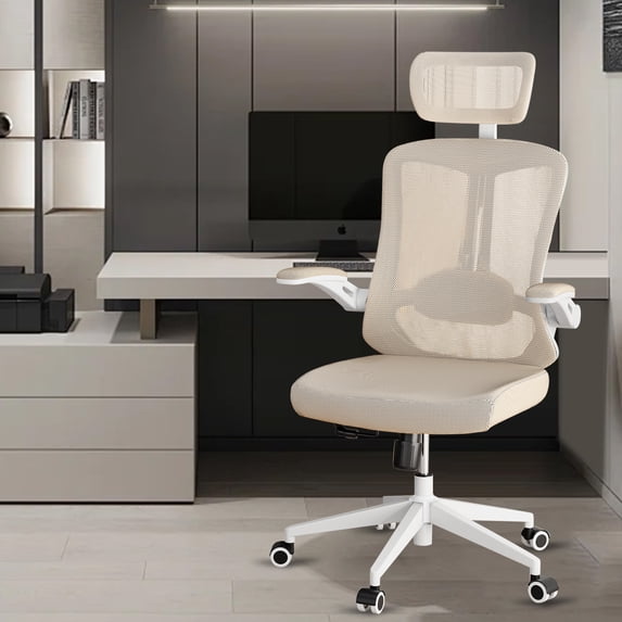 Ergonomic Office Chair, Home Office Desk Chair with Adjustable Headrest & Lumbar Support, Swivel High Back Computer Chair, Breathable Mesh Chair, PU Silent Wheels, Flip-Up Arms