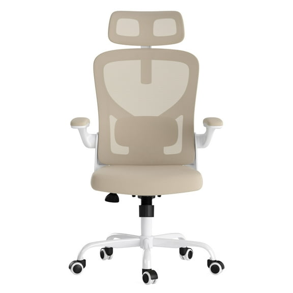 Ergonomic Office Chair, Home Office Desk Chair with Headrest, High Back Computer Chair with Armrests and Adjustable Lumbar Support for Home Office Study Room, White & Khaki