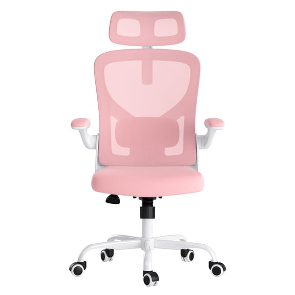 Ergonomic Office Chair, Home Office Desk Chair with Headrest, High Back Computer Chair with Armrests and Adjustable Lumbar Support for Home Office Study Room, White & Pink