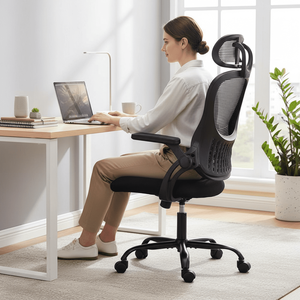 Ergonomic Office Chair, Mesh Chair with High Back, Lumbar Support, Headrest and Flip-up Armrests, Rolling Work Swivel Task Chairs for Home Office, Black