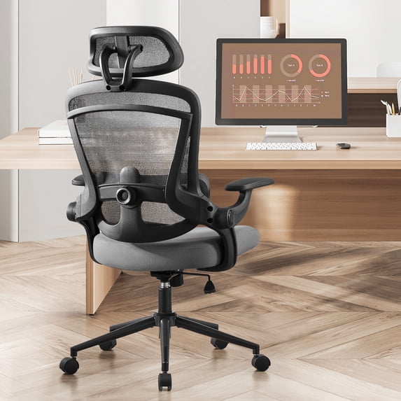 Ergonomic Office Chair, Mesh Chair with High Back, Lumbar Support, Headrest and Flip-up Armrests, Rolling Work Swivel Task Chairs for Home Office, Gray