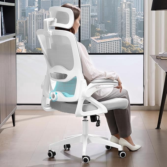 Ergonomic Office Chair,Mesh Office Chair with Lumbar Support,High Back Desk Chair with Flip-up Arms,401 lbs Big and Tall Computer Chair with Headrest,Comfy Desk Chairs (White-Gray)