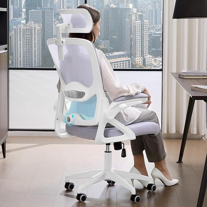 Ergonomic Office Chair,Mesh Office Chair with Lumbar Support,High Back Desk Chair with Flip-up Arms,402 lbs Big and Tall Computer Chair with Headrest,Comfy Desk Chairs (White-Lavender)