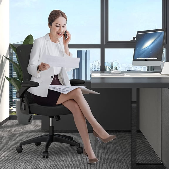 Ergonomic Office Chair Mid Back Desk Chair with Adjustable Height Flip-Up Arms Lumbar Support Breathable Mesh Computer Chair for Home Study Working Dark Black