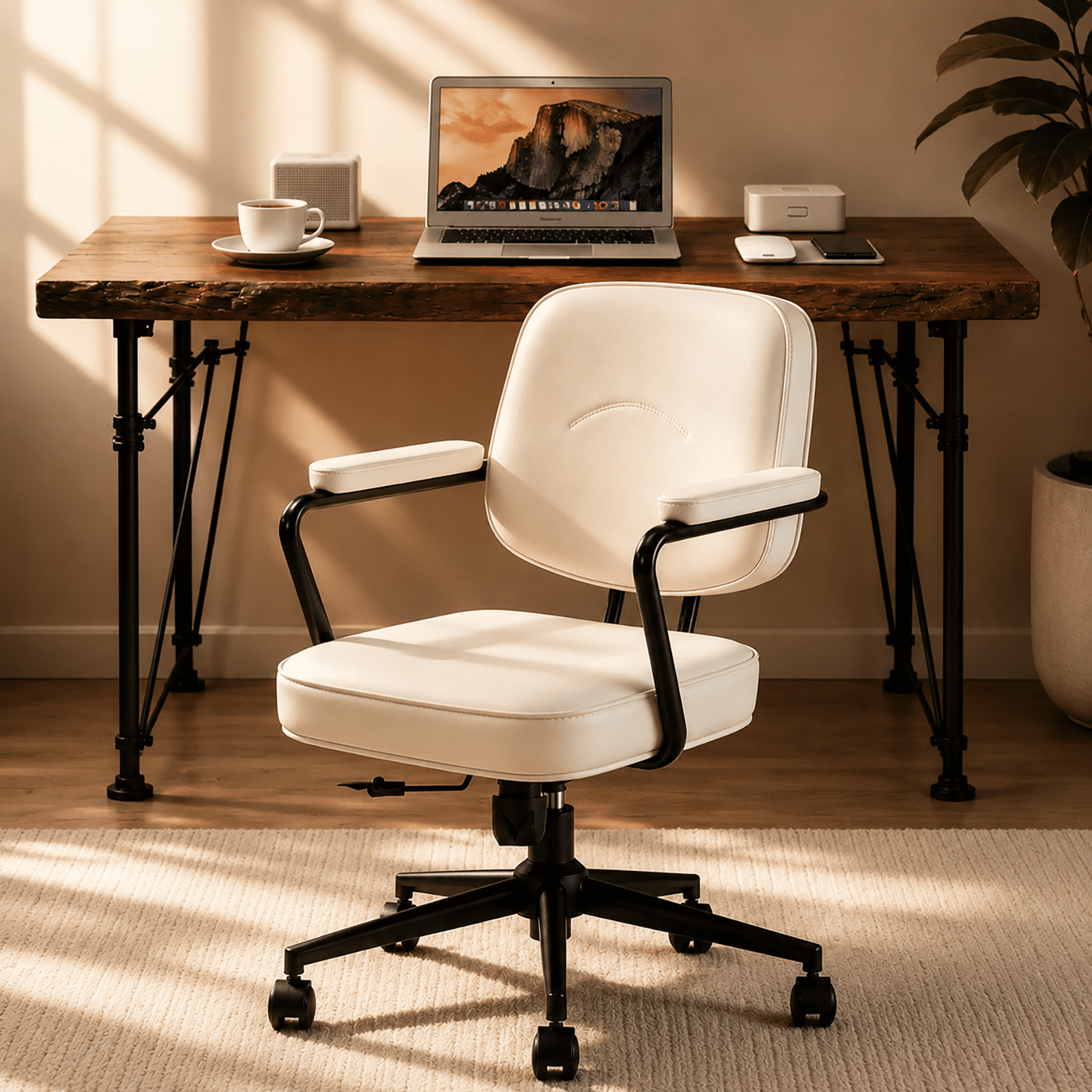 Ergonomic Office Chair, PU Leather Executive Desk Chair with Fixed Armrests, Adjustable Height, Rocking Function, 360° Swivel Rolling Wheels Beige
