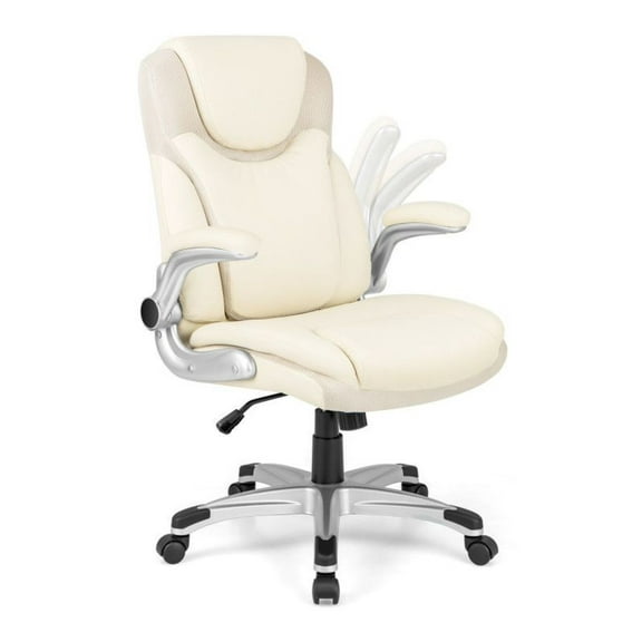 Ergonomic Office Chair PU Leather, Flip-Up Armrests, Rocking, White