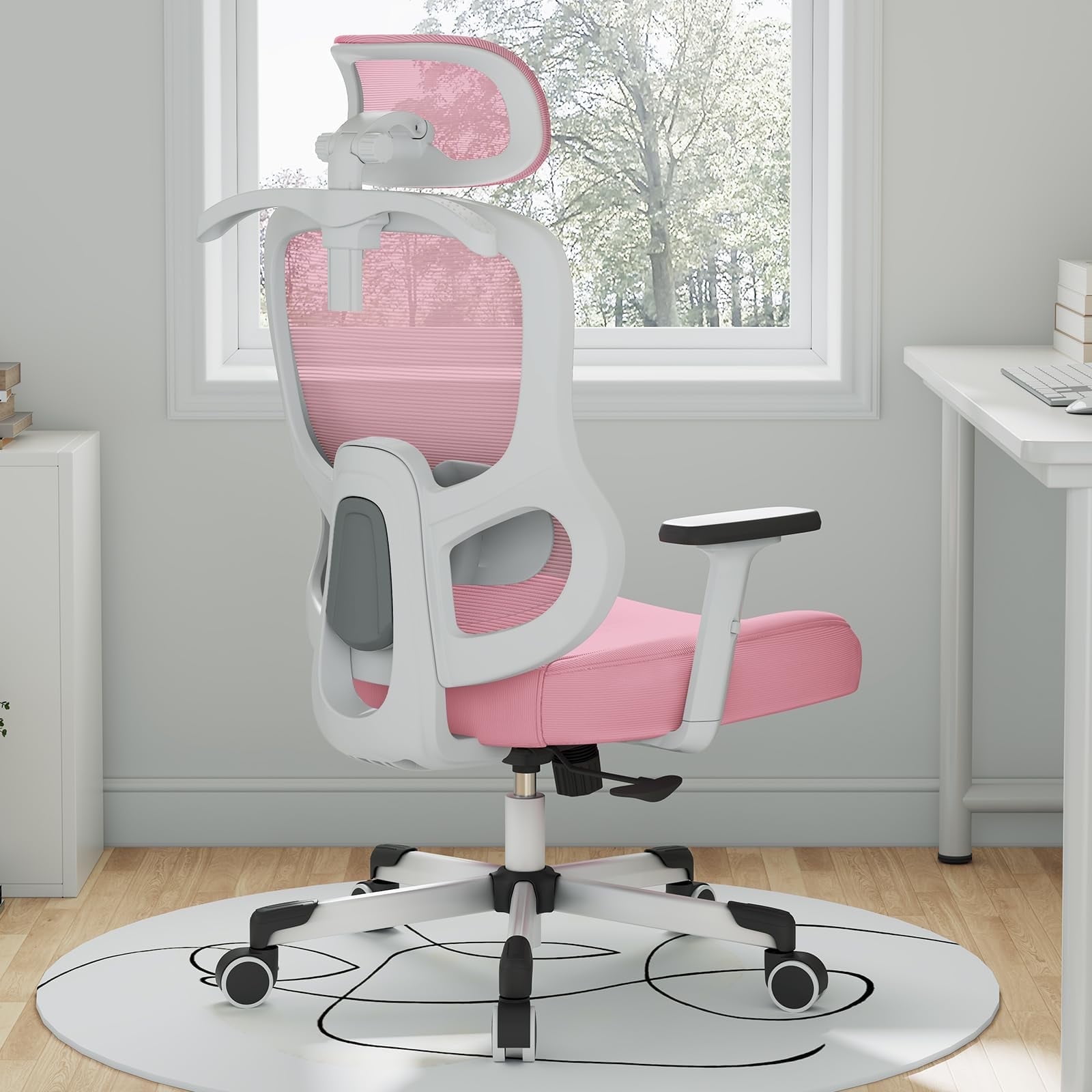 Ergonomic Office Chair With adjustable Lumbar Support, Breathable Mesh, Rotating tilt Lock, Pink