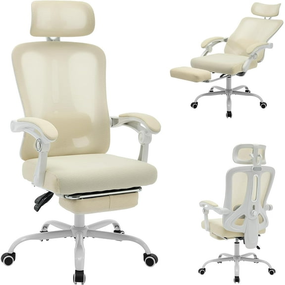 Ergonomic Office Chair with Footrest, Adjustable Lumbar Support and Headrest, High Back Mesh Executive Computer Chair with 360-Degree Swivel - Cream