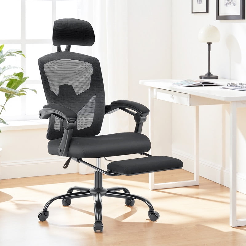 Ergonomic Office Chair with Footrest, Swivel Mesh Chair with Lumbar Support, Headrest and Flip-up Armrests for Home Office, Black
