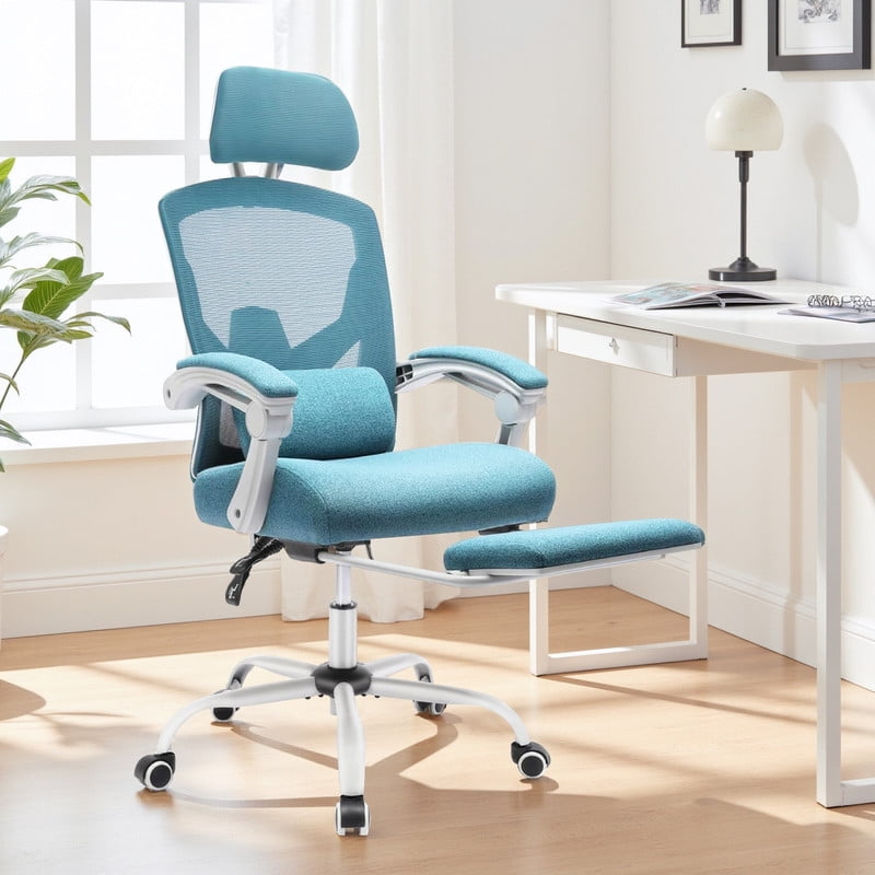 Ergonomic Office Chair with Footrest, Swivel Mesh Chair with Lumbar Support, Headrest and Flip-up Armrests for Home Office, Blue