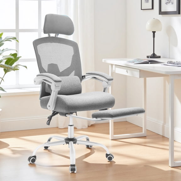 Ergonomic Office Chair with Footrest, Swivel Mesh Chair with Lumbar Support, Headrest and Flip-up Armrests for Home Office, Gray