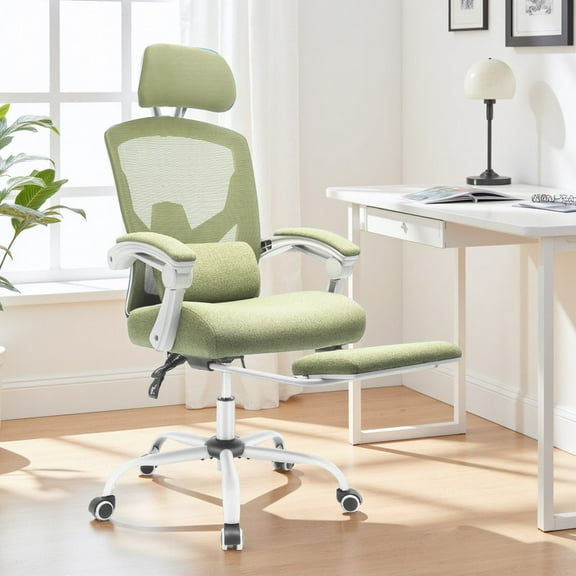 Ergonomic Office Chair with Footrest, Swivel Mesh Chair with Lumbar Support, Headrest and Flip-up Armrests for Home Office, Green