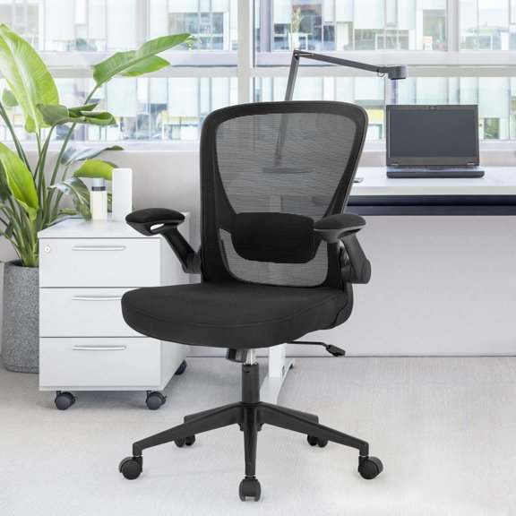 Ergonomic Office Chair with Lumbar Support and Flip-Up Arms for Home Desk, Black Mesh Computer Task Chair