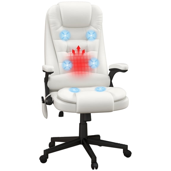 Ergonomic Office Chairs, HOMCOM High Back Vibration Massage Office Chair with 6 Vibration Points, Heated Reclining PU Leather Computer Chair with Armrest and Remote, White, White Office Chairs