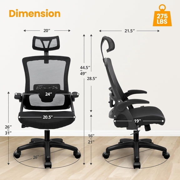 Ergonomic Office Desk Chair High Back Computer Gaming Mesh Chair with Comfy Task Adjustable Arms Lumbar Support Headrest Swivel for Home Office (Black)
