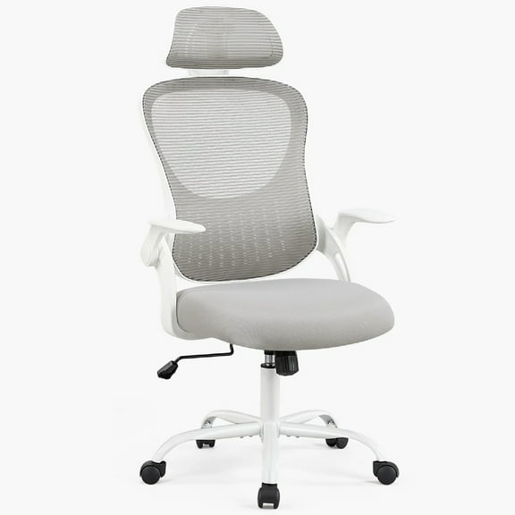Ergonomic Office Desk Chair, High-Back Mesh Computer Chair with Adjustable Headrest, Lumbar Support, Flip-Up Armrests, Swivel Rolling Task Chair for Home Office, Gray
