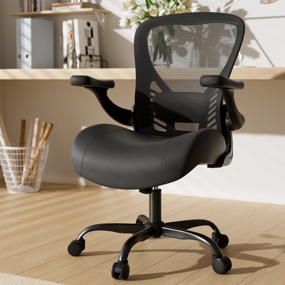 Ergonomic Office Desk Chair Leather Seat Mesh Back with 3D Flip Up Arms