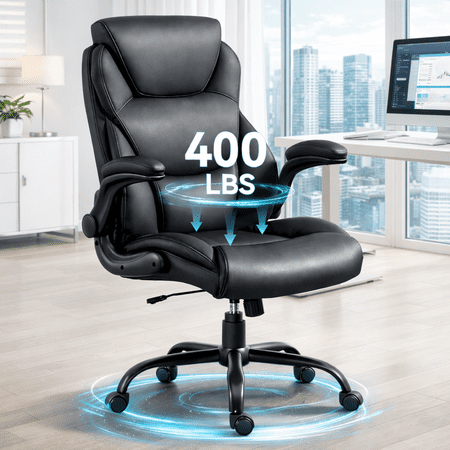400LBS Big and Tall Office Chair, Heavy Duty Leather Executive Desk Chair with Padded Flip-up Arms, 360° Swivel Rolling Computer Chair for Home Office