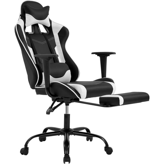 Ergonomic Office, PC Gaming Desk Chair Executive PU Leather Computer Lumbar Support with Footrest Modern Task Rolling Swivel Chair for Women, Men(White)