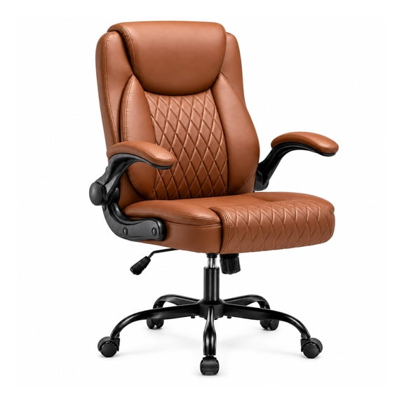 Ergonomic PU Leather Desk Chair with Flip-Up Armrests, Camel Brown, Comfortable Space-Saving Home Office Computer Chair for Gaming, Work, Small Area