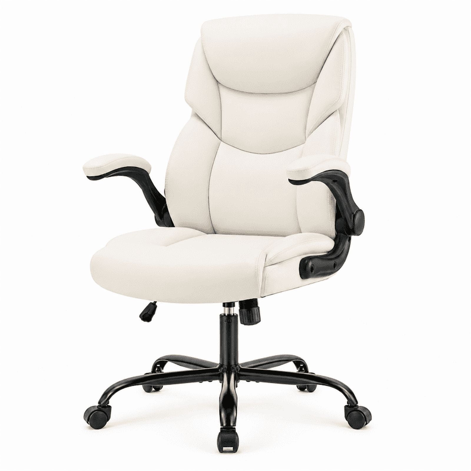 Ergonomic PU Leather Executive Office Chair, Adjustable Height Desk Chair with Lumbar Support, Wide Seat, 360° Swivel and Quiet Wheels, White