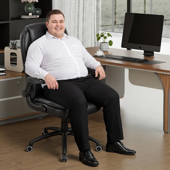Ergonomic PU Leather Office Chair with Flip-Up Armrests & Reclining Backrest, 300lbs Thick Padded Seat Executive Desk Chair-Adjustable Height & Tilt Tension, Brown, Black