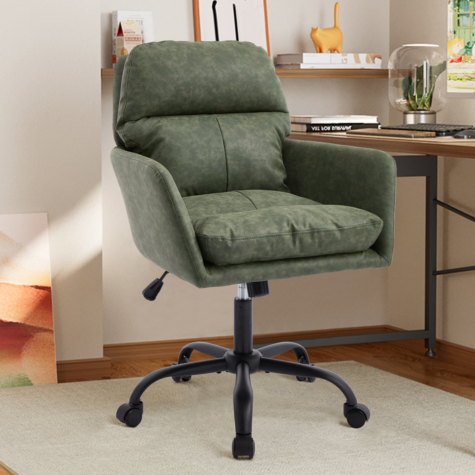 Ergonomic PU Leather Office Chair with Height Adjustment and High-Density Foam Cushion, Modern Desk Chair for Work and Study, Green