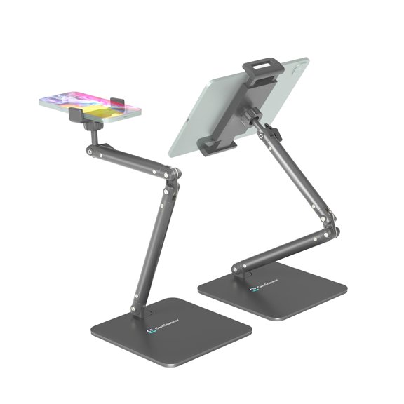 Ergonomic Phone iPad Stand for Desk - Ultra Sturdy Base, Adjustable & Foldable Mobile Holder with 2 Extendable Clamps, Work from Home Essentials Compatible with iPhone/iPad (1 Pack)